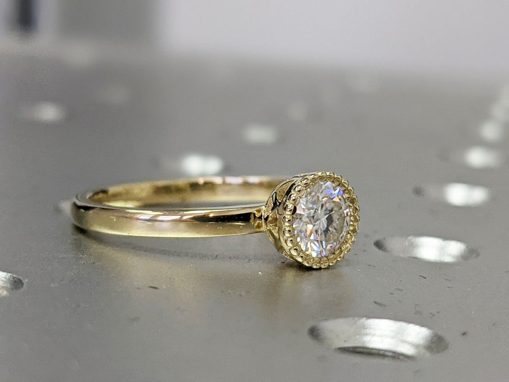 White Gold Round Bezel Ring Unique Milgrain Moissanite Engagement Ring, Milgrained Bezel, 14k Gold, Moissanite Engagement Ring Nyla