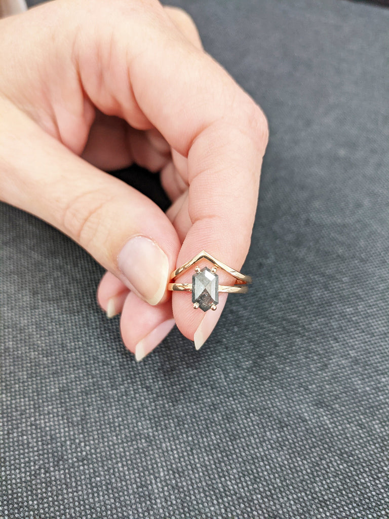 Raw Diamond, Salt and Pepper, Hexagon, Unique Engagement Ring, Rose Cut Geometric Diamond Ring, 14k Gold, Custom Handmade