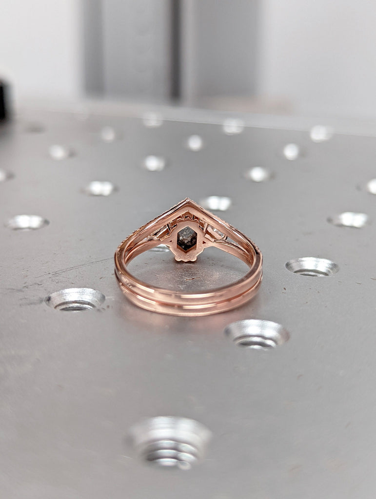 Raw Diamond Hexagon Triangle Diamond, Salt and Pepper, Unique Engagement Ring, Rose Cut Geometric Diamond Ring, 14k Gold, Custom Handmade