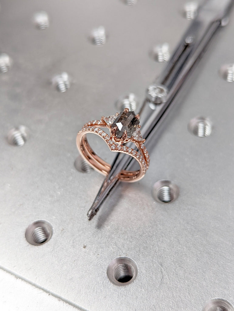 Raw Diamond Hexagon Triangle Diamond, Salt and Pepper, Unique Engagement Ring, Rose Cut Geometric Diamond Ring, 14k Gold, Custom Handmade