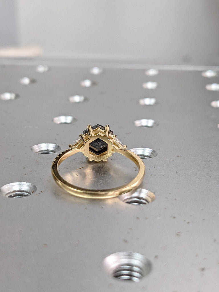 Raw Diamond Hexagon Triangle Diamond, Salt and Pepper, Unique Engagement Ring, Rose Cut Geometric Diamond Ring, 14k Gold, Custom Handmade