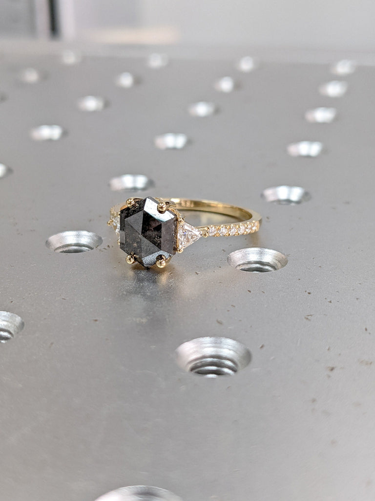 Raw Diamond Hexagon Triangle Diamond, Salt and Pepper, Unique Engagement Ring, Rose Cut Geometric Diamond Ring, 14k Gold, Custom Handmade