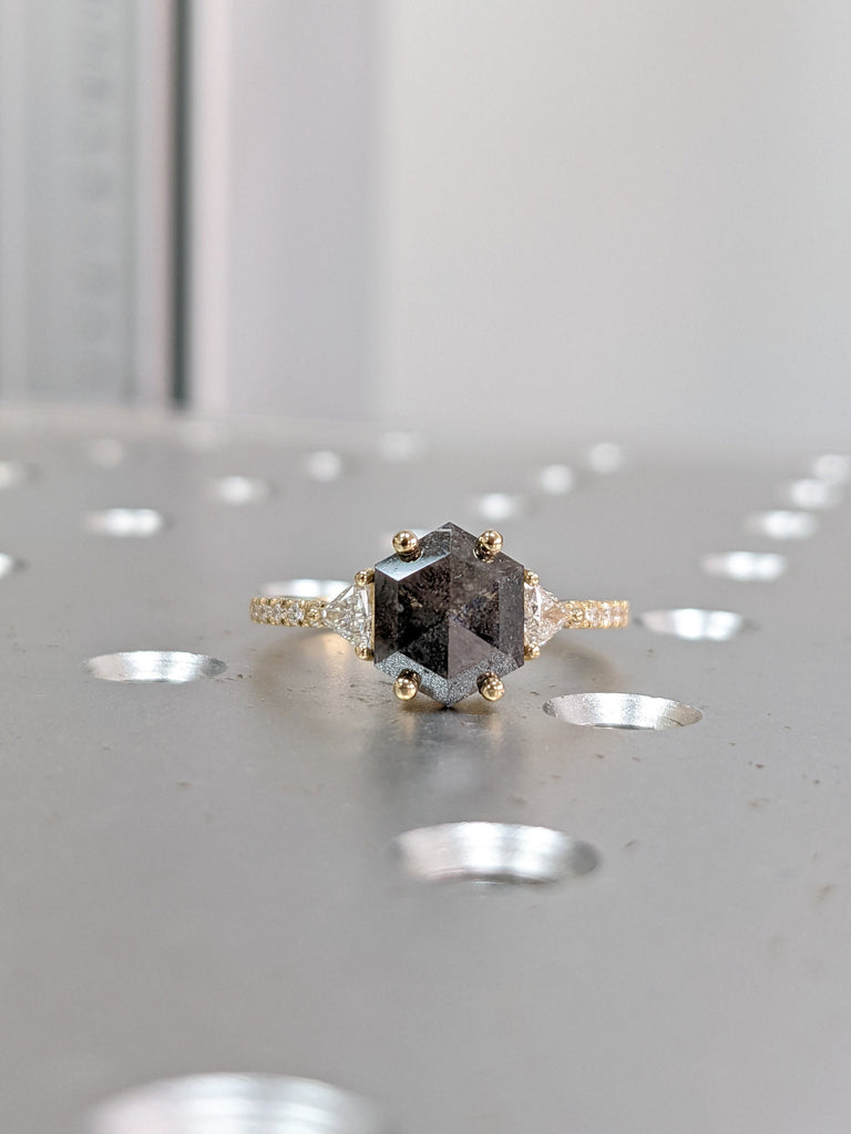 Raw Diamond Hexagon Triangle Diamond, Salt and Pepper, Unique Engagement Ring, Rose Cut Geometric Diamond Ring, 14k Gold, Custom Handmade