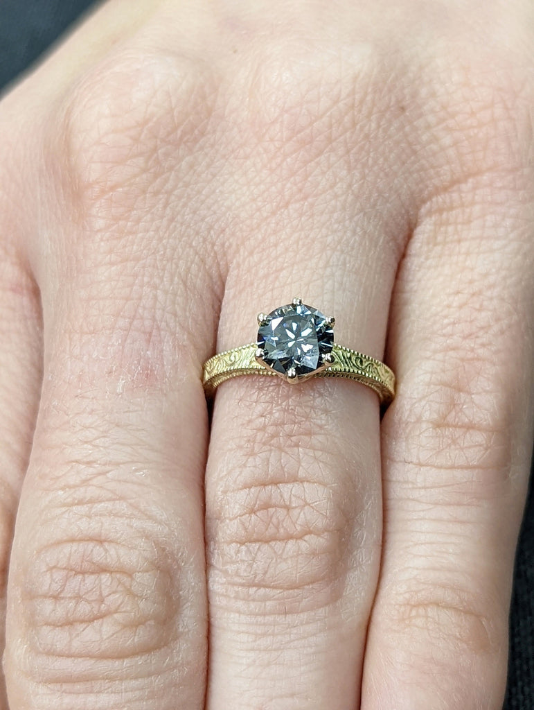 1.0 ct. Round Grey Moissanite Engagement Ring, Gray Moissanite Bridal Ring, Solid Gold 14k/18k Wedding Ring, Light Gray Grey Moissanite