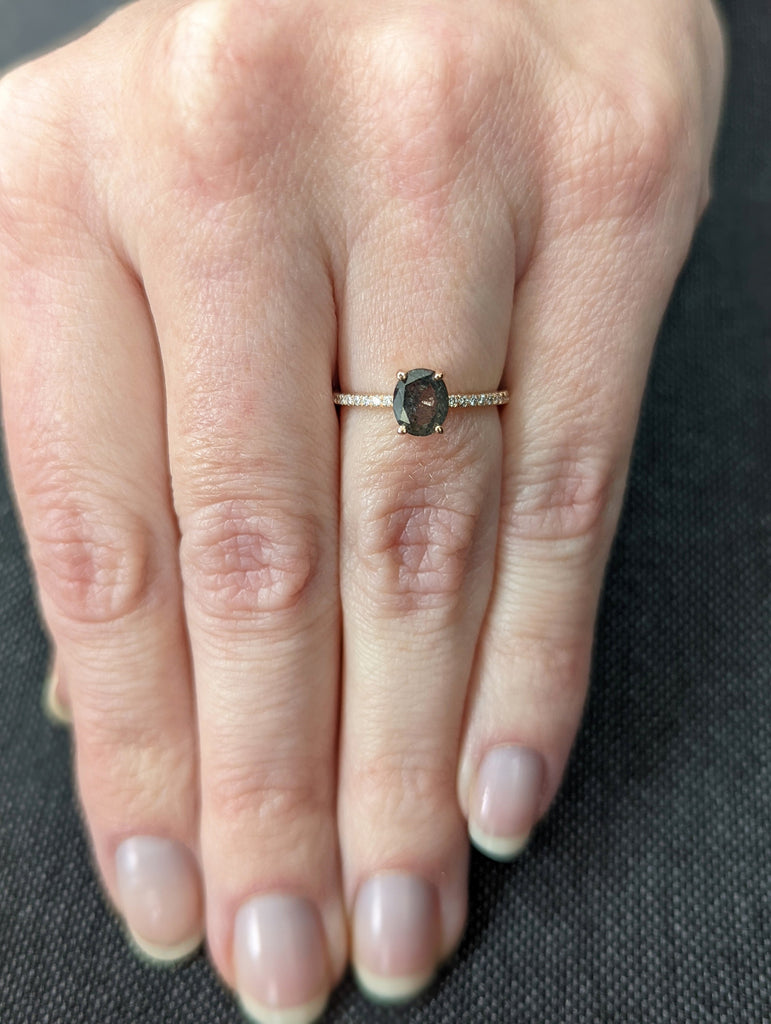 1920's Raw Salt and Pepper Diamond, Oval Diamond Ring, Unique Engagement Bridal Set, Black, Gray Oval, 14k Yellow, Rose, or White Gold