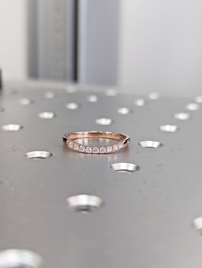 Curved White Diamond Half Eternity Thin 14K Rose Gold Wedding Ring, Vintage Ring Stacking