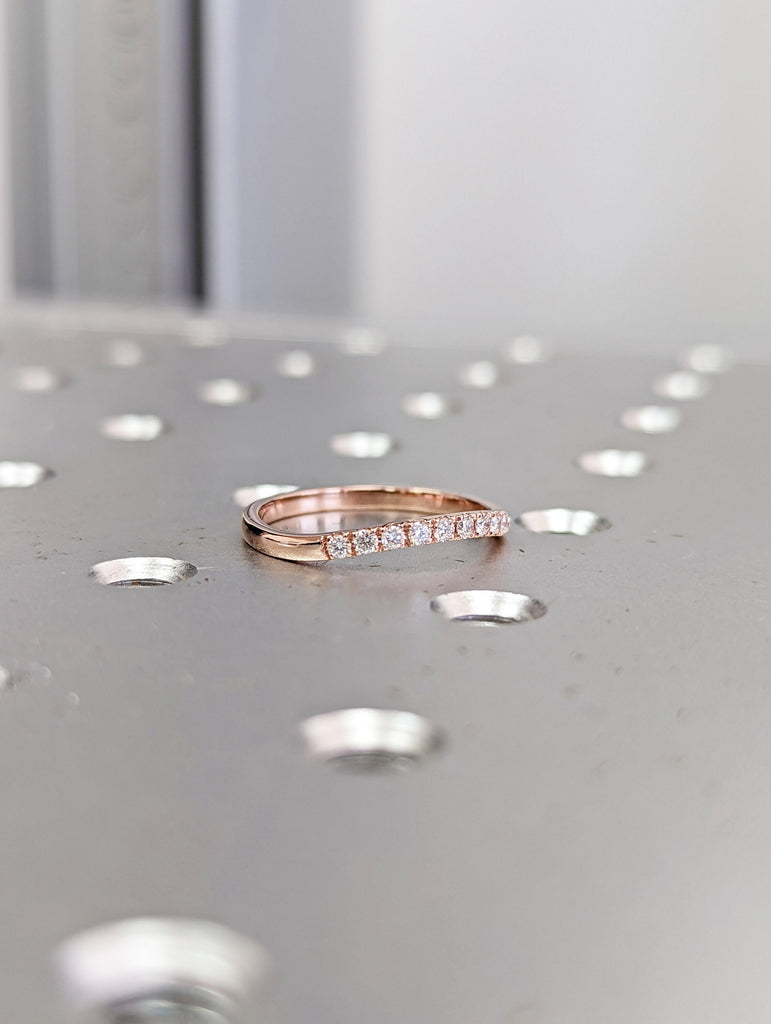 Curved White Diamond Half Eternity Thin 14K Rose Gold Wedding Ring, Vintage Ring Stacking