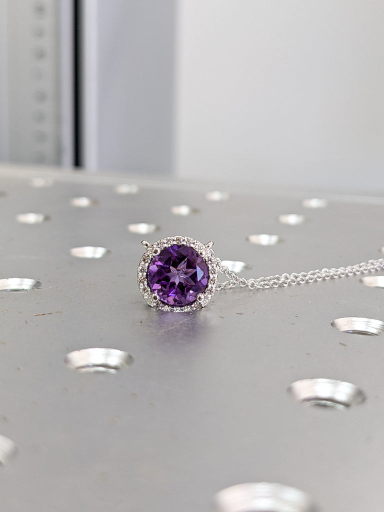 14K White Gold /Round Solitaire Necklace /Round Amethyst and Diamond Necklace /Layering Diamond Necklace /Dainty Diamond Necklace