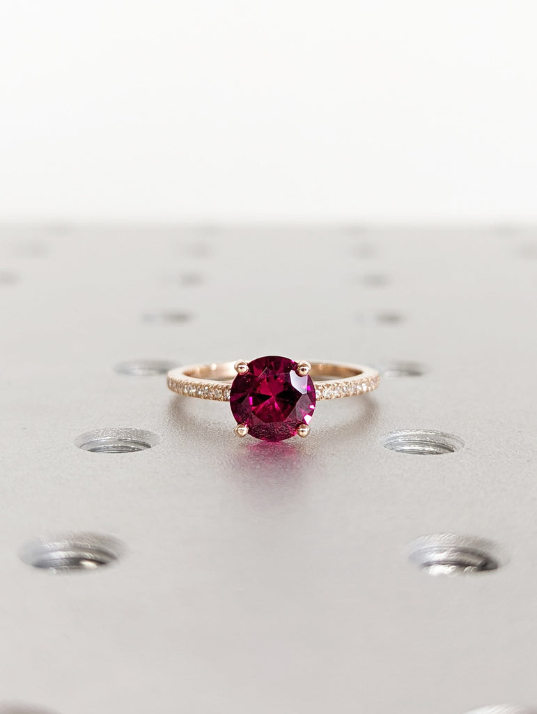 Vintage Ruby And Diamond Engagement Ring 14k Rose Gold Ruby Ring, Cathedral Setting, High Profile Prongs, Micro Pave , Petite Ring