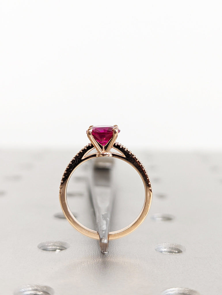 Vintage Ruby And Diamond Engagement Ring 14k Rose Gold Ruby Ring, Cathedral Setting, High Profile Prongs, Micro Pave , Petite Ring