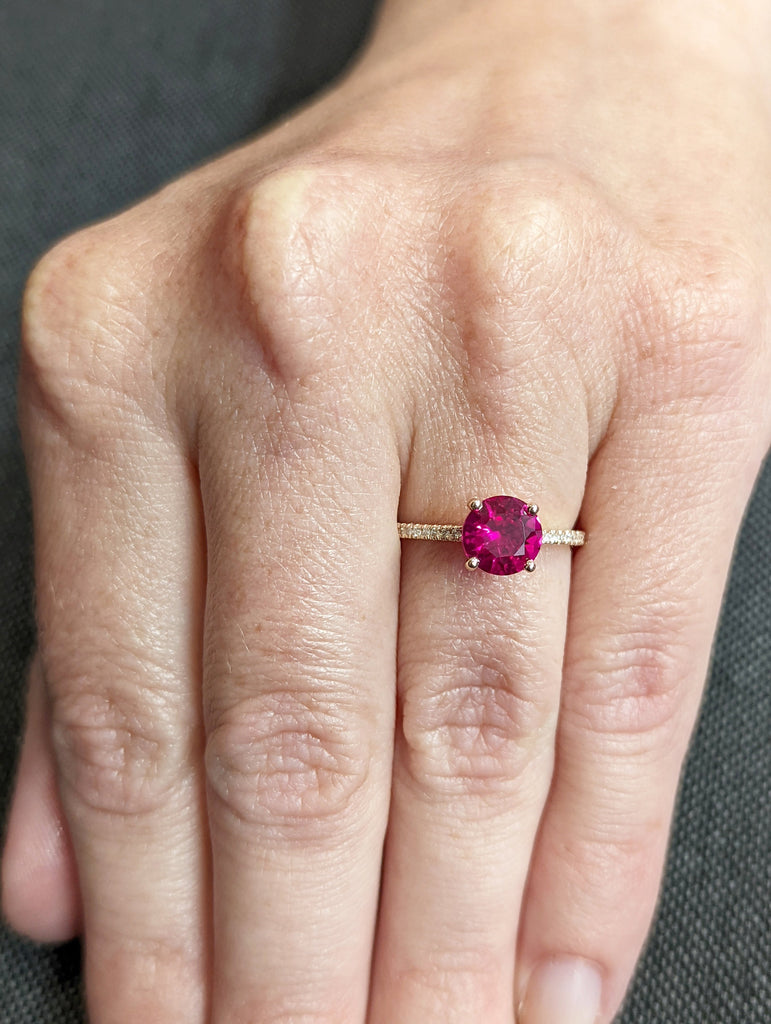 Vintage Ruby And Diamond Engagement Ring 14k Rose Gold Ruby Ring, Cathedral Setting, High Profile Prongs, Micro Pave , Petite Ring