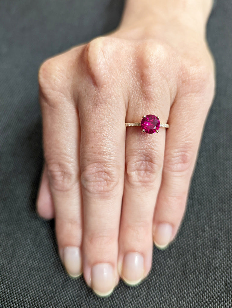 Vintage Ruby And Diamond Engagement Ring 14k Rose Gold Ruby Ring, Cathedral Setting, High Profile Prongs, Micro Pave , Petite Ring