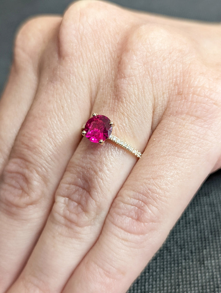 Vintage Ruby And Moissanite Engagement Ring 14k Rose Gold Ruby Ring, Cathedral Setting, High Profile Prongs, Micro Pave , Petite Ring