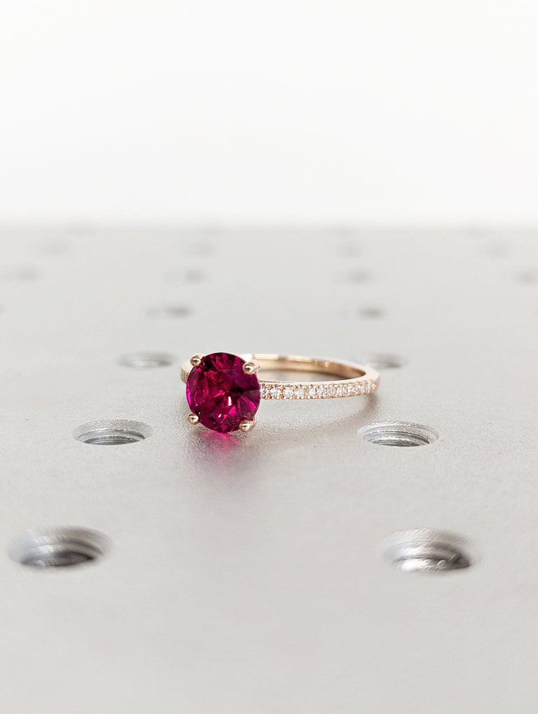 Vintage Ruby And Diamond Engagement Ring 14k Rose Gold Ruby Ring, Cathedral Setting, High Profile Prongs, Micro Pave , Petite Ring