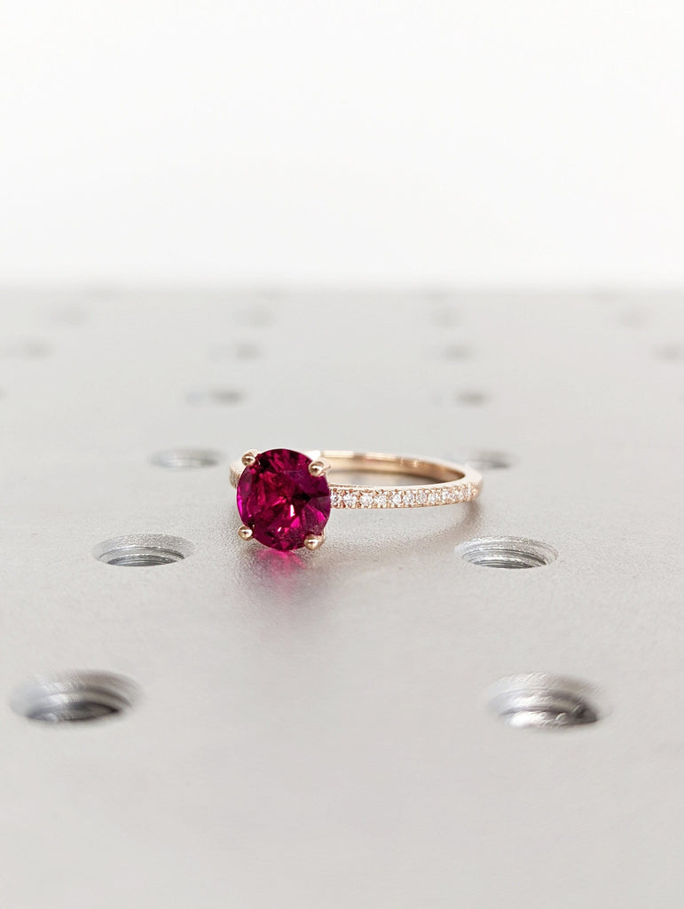 Vintage Ruby And Moissanite Engagement Ring 14k Rose Gold Ruby Ring, Cathedral Setting, High Profile Prongs, Micro Pave , Petite Ring