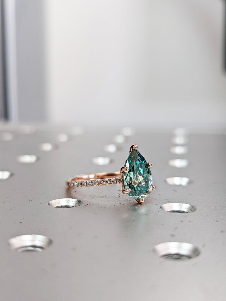 Colored Moissanite Engagement, Green Moissanite Ring, Vintage blue-green pear engagement ring, Green Color Moissanite hidden halo ring