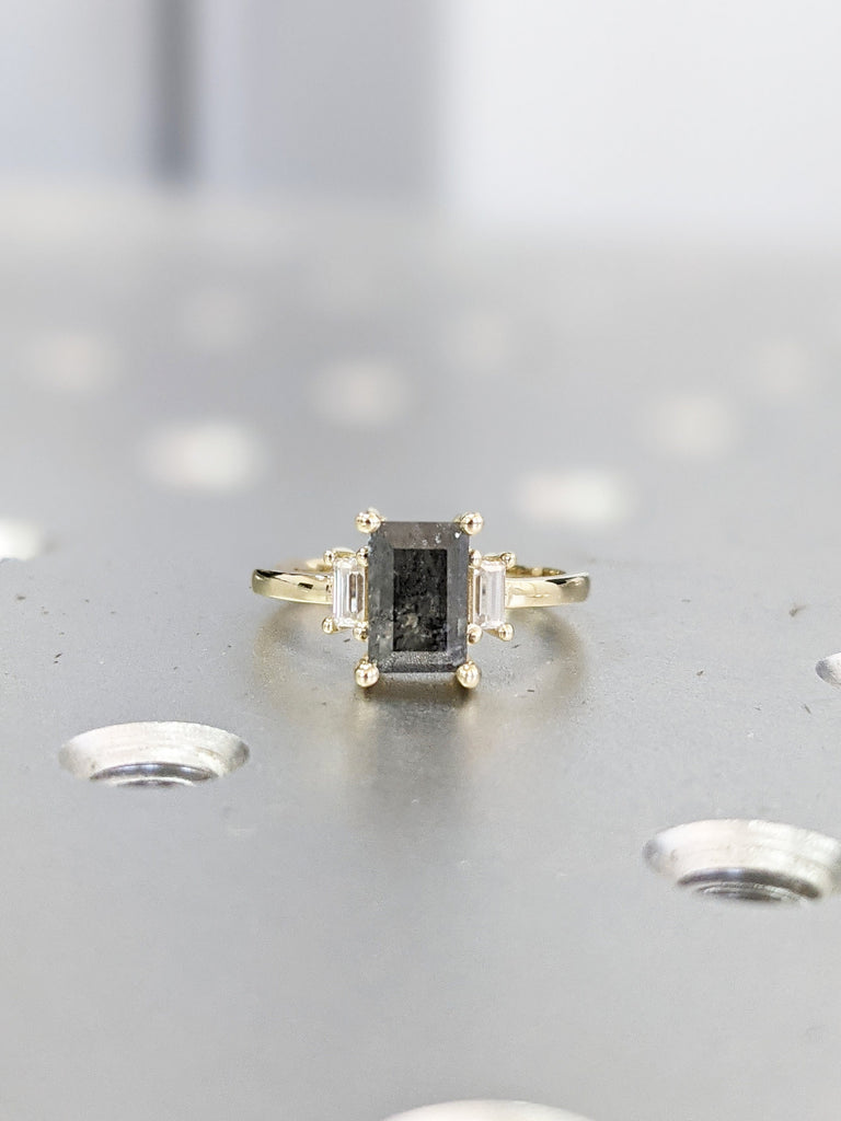 Raw Diamond baguette Moissanite Baguette, Salt and Pepper, Unique Bridal Engagement, Rose Cut Geometric Diamond Ring, Custom Handmade
