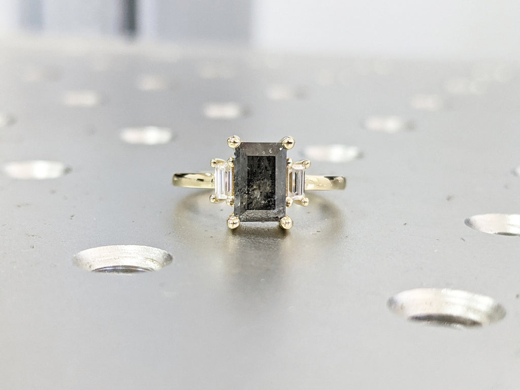 Raw Diamond baguette Moissanite Baguette, Salt and Pepper, Unique Bridal Engagement, Rose Cut Geometric Diamond Ring, Custom Handmade