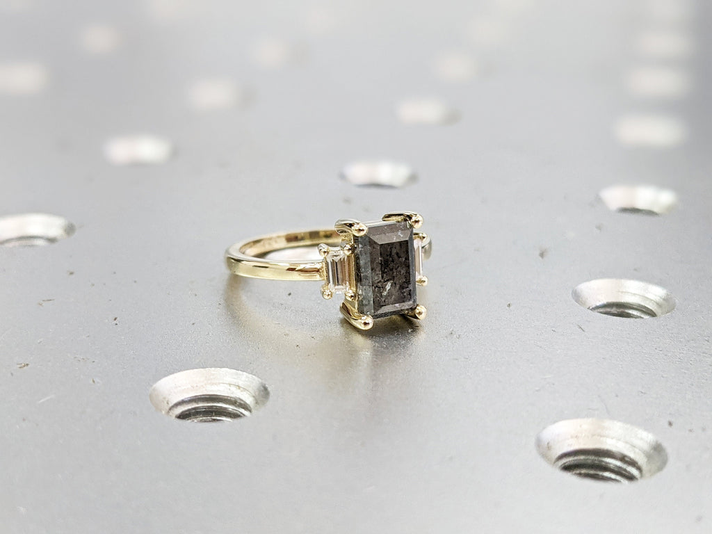 Raw Diamond baguette Moissanite Baguette, Salt and Pepper, Unique Bridal Engagement, Rose Cut Geometric Diamond Ring, Custom Handmade