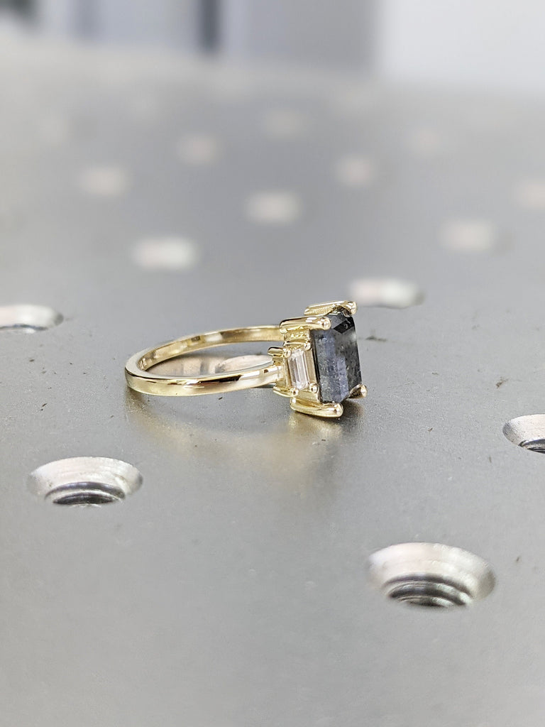 Raw Diamond baguette Moissanite Baguette, Salt and Pepper, Unique Bridal Engagement, Rose Cut Geometric Diamond Ring, Custom Handmade