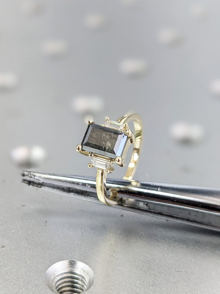 Raw Diamond baguette Moissanite Baguette, Salt and Pepper, Unique Bridal Engagement, Rose Cut Geometric Diamond Ring, Custom Handmade