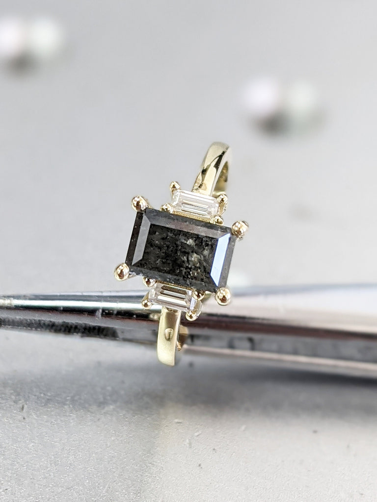 Raw Diamond baguette Moissanite Baguette, Salt and Pepper, Unique Bridal Engagement, Rose Cut Geometric Diamond Ring, Custom Handmade