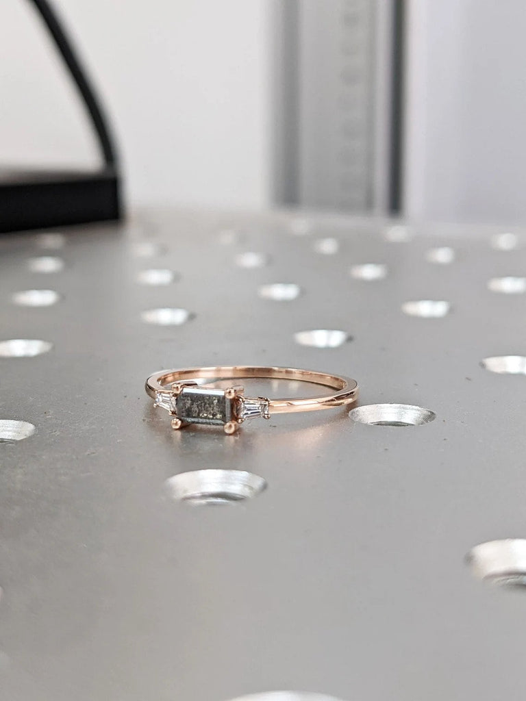 Emerald Baguette Raw Salt and Pepper Diamond Gold Engagement Ring Art Deco 1920's Inspired Thin Petite Band 14k Unique Ring for Her