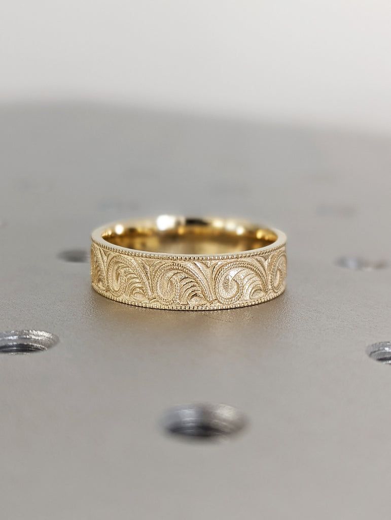 Gold Unique Engraved Wedding Ring, Art Deco Scroll Style Wedding Band, Hand Milgrain Men's Gold Ring, New Vintage 6mm Flat Wedding Ring