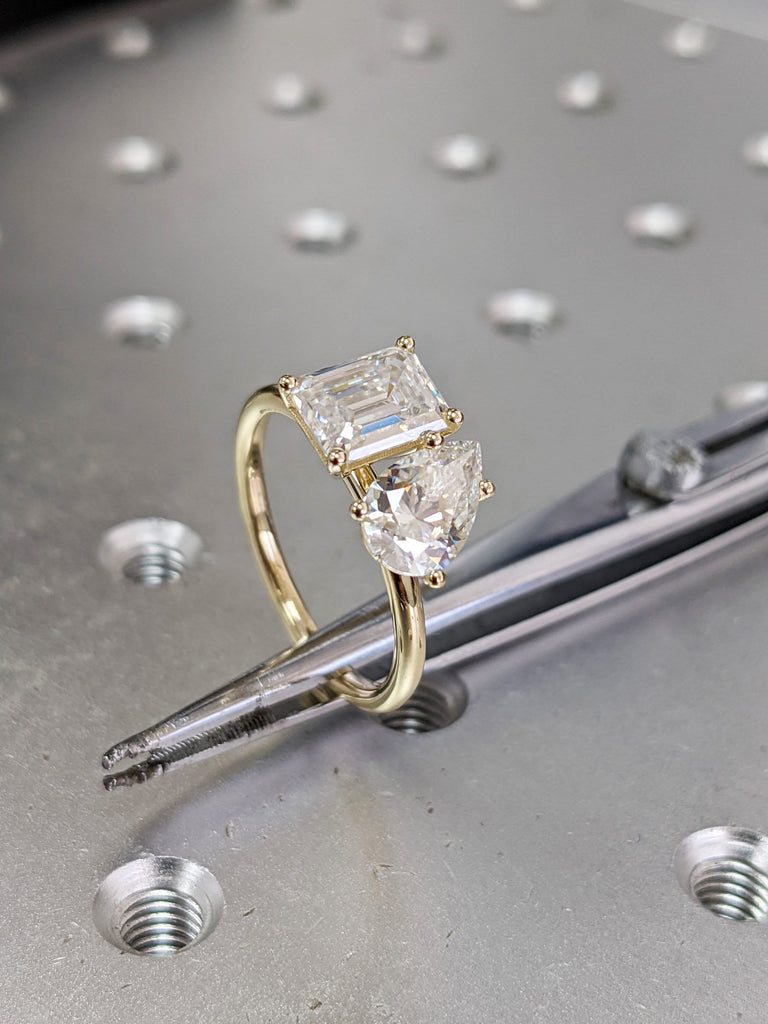 1.5 Carat Double Stone Engagement Ring Pear Cut and Emerald Cut Moissanite Two Stone Wedding Ring 14K White Yellow Rose Gold