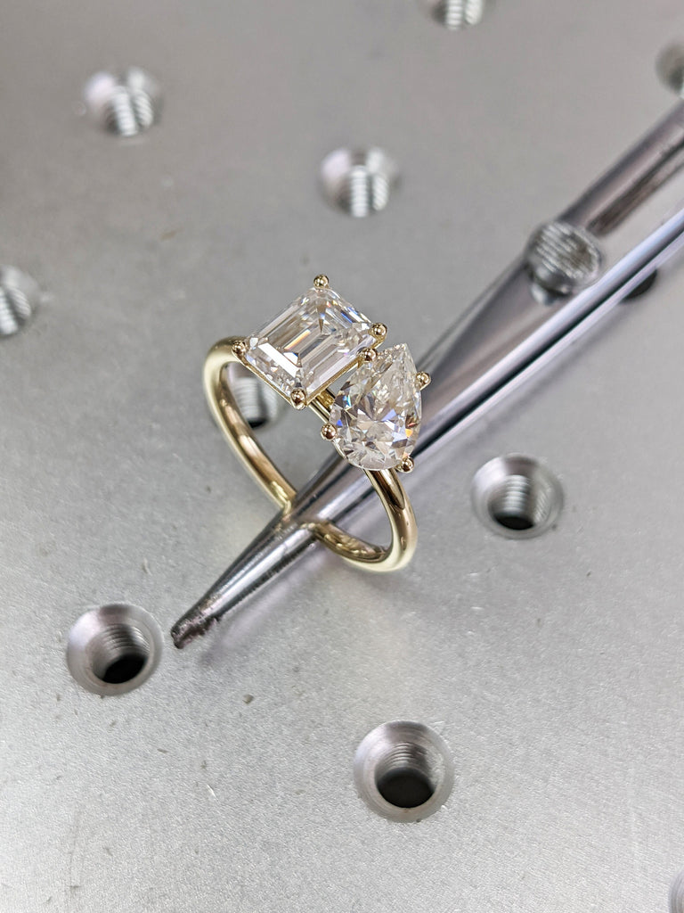 1.5 Carat Double Stone Engagement Ring Pear Cut and Emerald Cut Moissanite Two Stone Wedding Ring 14K White Yellow Rose Gold