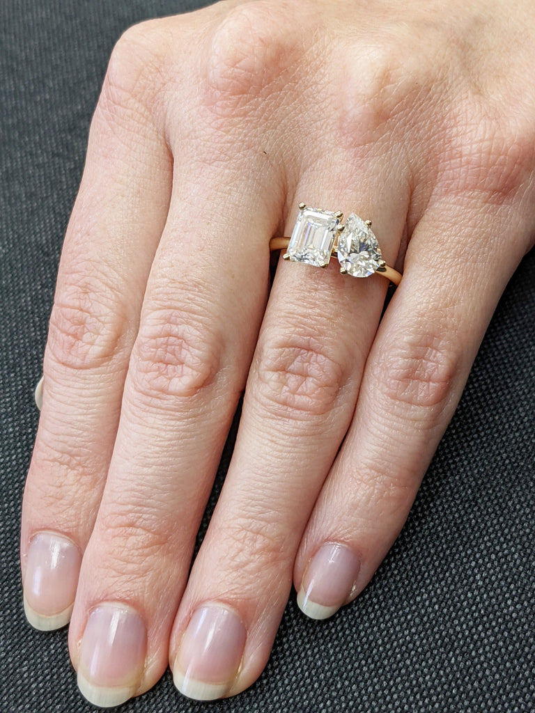 1.5 Carat Double Stone Engagement Ring Pear Cut and Emerald Cut Moissanite Two Stone Wedding Ring 14K White Yellow Rose Gold