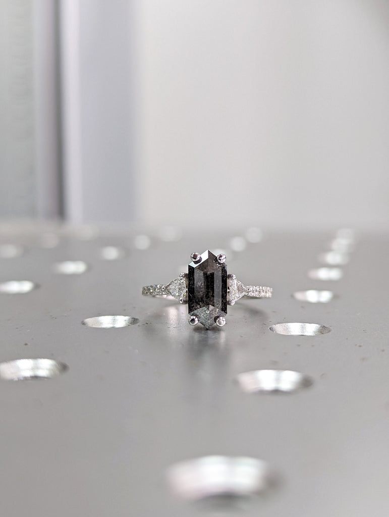 Galaxy Raw Diamond Hexagon Triangle Diamond, Salt and Pepper, Unique Bridal Engagement Set, Rose Cut Geometric Diamond Ring, 14k white gold