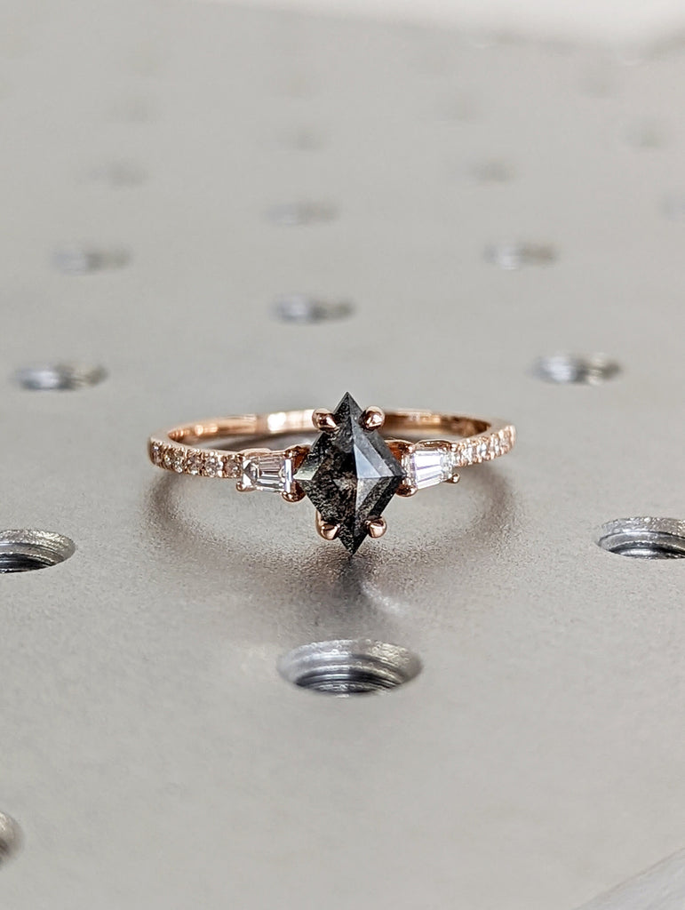 Raw Diamond Kite Baguette Diamond, Salt and Pepper, Unique Engagement Ring, Rose Cut Geometric Diamond Ring, 14k Gold, Custom Handmade