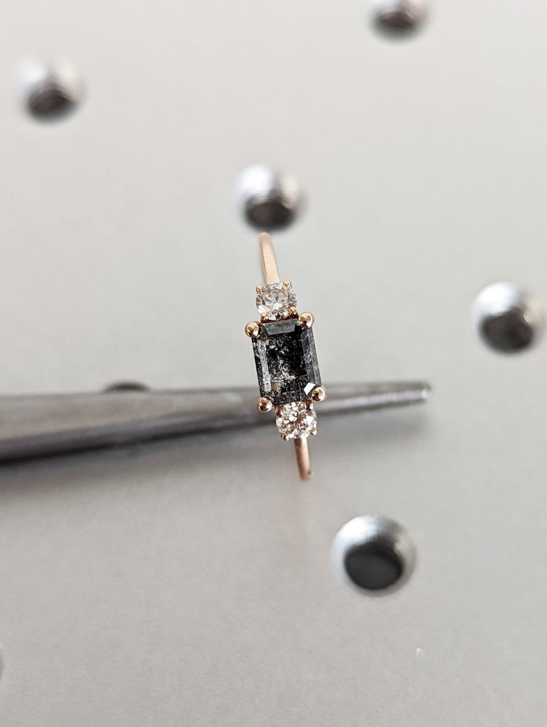 Emerald Baguette Raw Salt and Pepper Diamond Gold Engagement Ring Art Deco 1920's Inspired Thin Petite Band 14k Unique Ring for Her