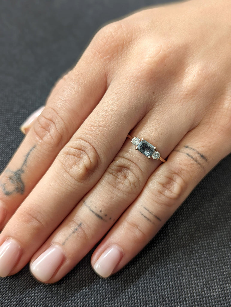 Emerald Baguette Raw Salt and Pepper Diamond Gold Engagement Ring Art Deco 1920's Inspired Thin Petite Band 14k Unique Ring for Her