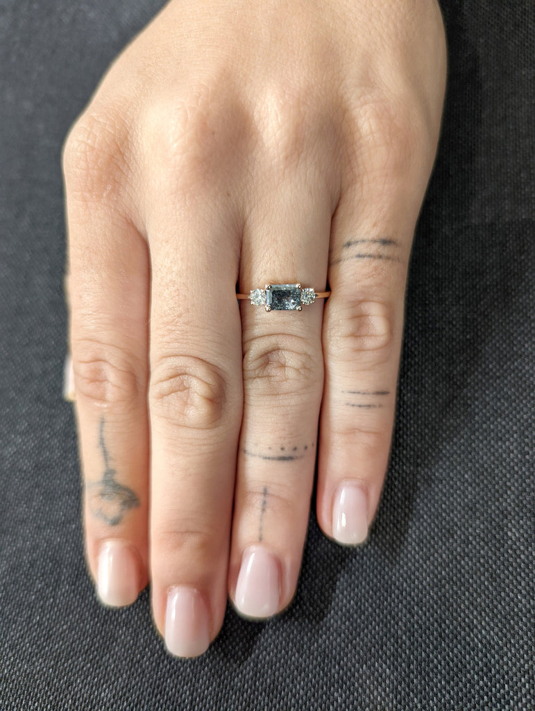 Emerald Baguette Raw Salt and Pepper Diamond Gold Engagement Ring Art Deco 1920's Inspired Thin Petite Band 14k Unique Ring for Her