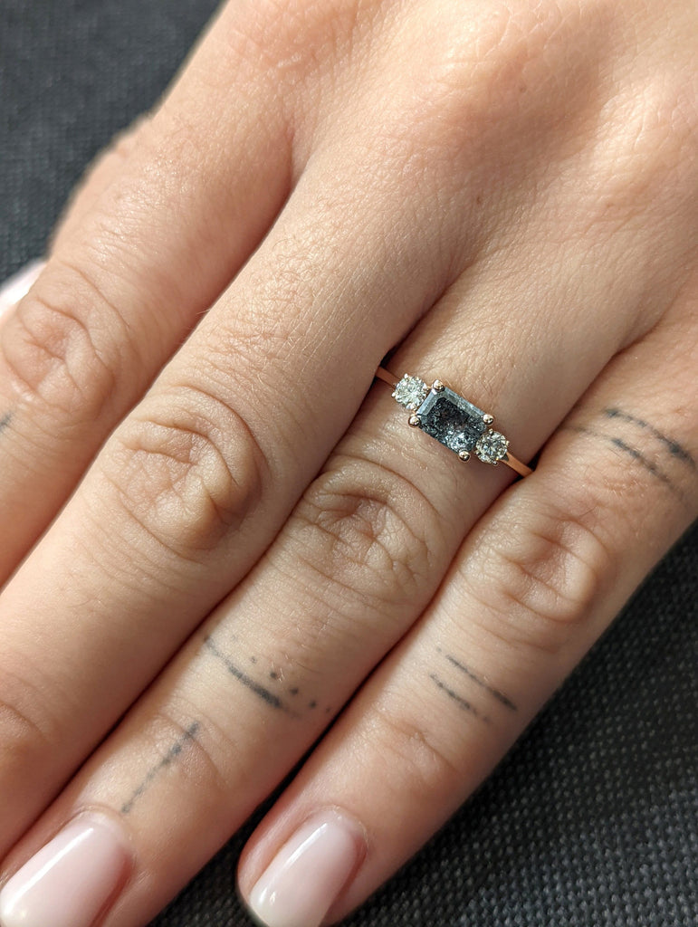 Emerald Baguette Raw Salt and Pepper Diamond Gold Engagement Ring Art Deco 1920's Inspired Thin Petite Band 14k Unique Ring for Her