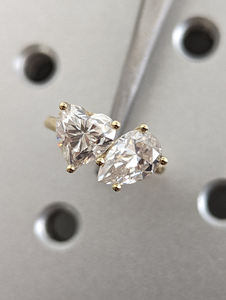 1.5 Carat Double Stone Engagement Ring Pear Cut and Heart Cut Moissanite Two Stone Wedding Ring 14K White Yellow Rose Gold