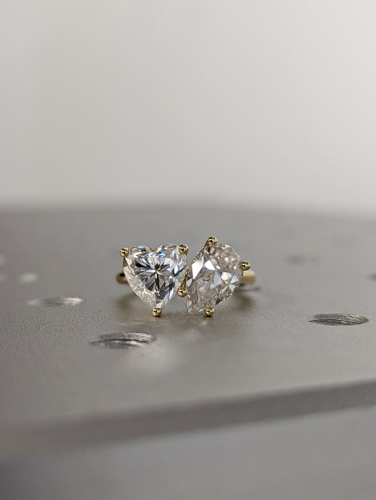1.5 Carat Double Stone Engagement Ring Pear Cut and Heart Cut Moissanite Two Stone Wedding Ring 14K White Yellow Rose Gold