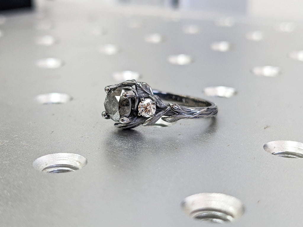 Salt & Pepper Diamond Engagement Ring, Black Diamond Ring, Black Gold Ring, Black Gold Diamond Engagement ring, Black Gold Engagement Ring