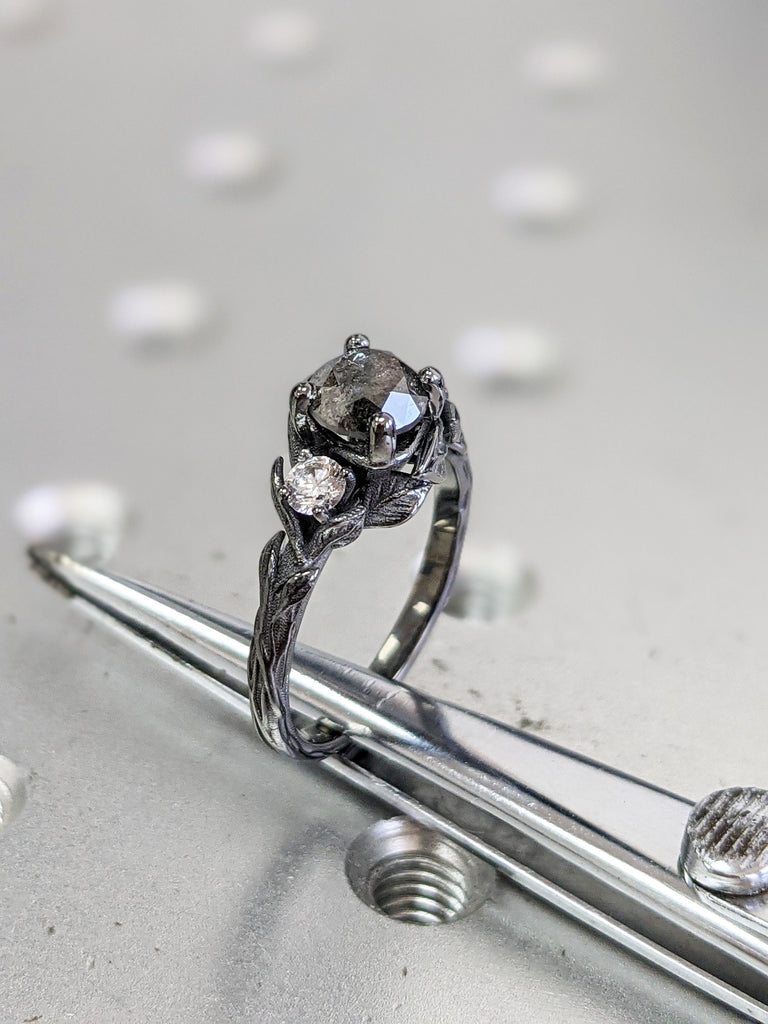 Salt & Pepper Diamond Engagement Ring, Black Diamond Ring, Black Gold Ring, Black Gold Diamond Engagement ring, Black Gold Engagement Ring
