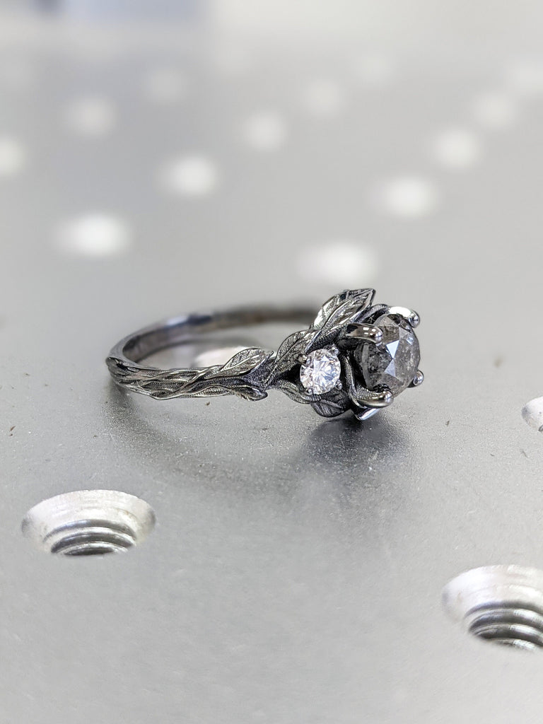 Salt & Pepper Diamond Engagement Ring, Black Diamond Ring, Black Gold Ring, Black Gold Diamond Engagement ring, Black Gold Engagement Ring