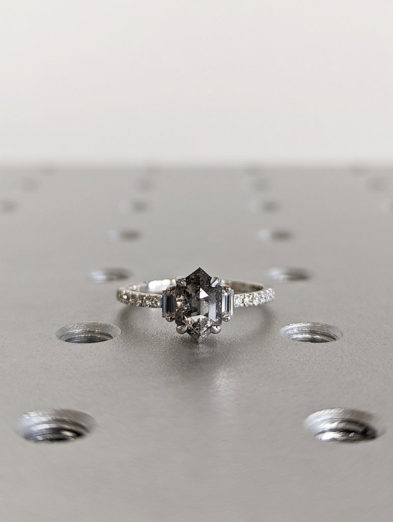 Raw Diamond Hexagon Baguette Diamond, Salt and Pepper, Unique Engagement Ring, Rose Cut Geometric Diamond Ring, 14k Gold, Custom Handmade