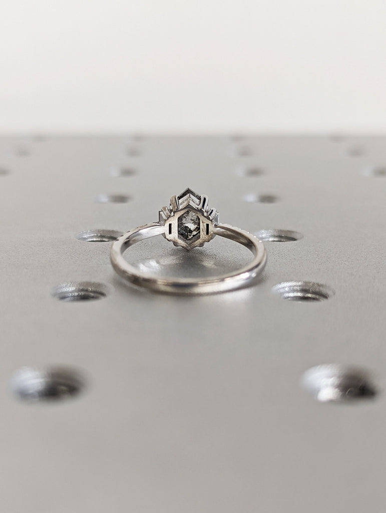 Raw Diamond Hexagon Baguette Diamond, Salt and Pepper, Unique Engagement Ring, Rose Cut Geometric Diamond Ring, 14k Gold, Custom Handmade
