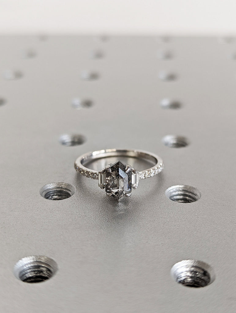 Raw Diamond Hexagon Baguette Diamond, Salt and Pepper, Unique Engagement Ring, Rose Cut Geometric Diamond Ring, 14k Gold, Custom Handmade