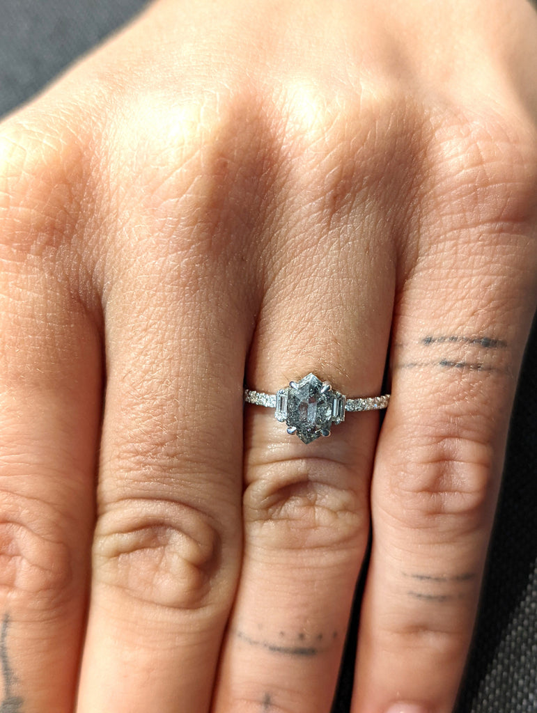 Raw Diamond Hexagon Baguette Diamond, Salt and Pepper, Unique Engagement Ring, Rose Cut Geometric Diamond Ring, 14k Gold, Custom Handmade