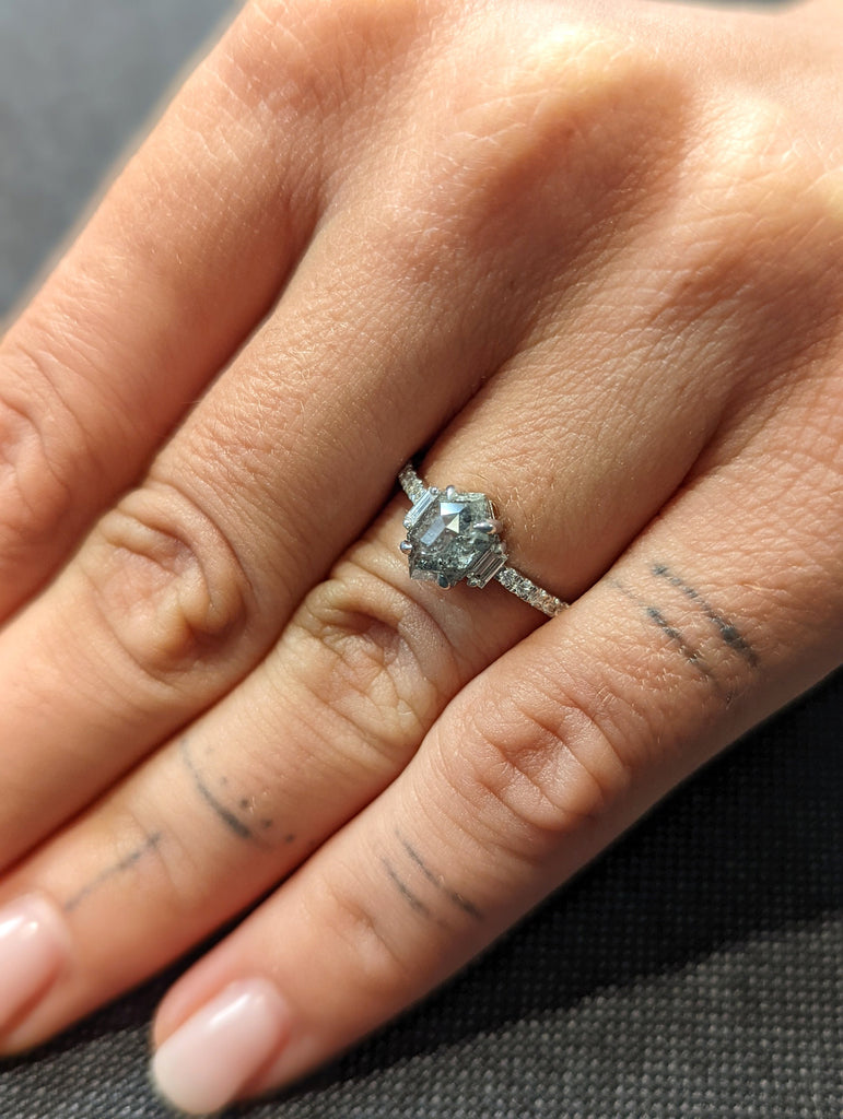 Raw Diamond Hexagon Baguette Diamond, Salt and Pepper, Unique Engagement Ring, Rose Cut Geometric Diamond Ring, 14k Gold, Custom Handmade