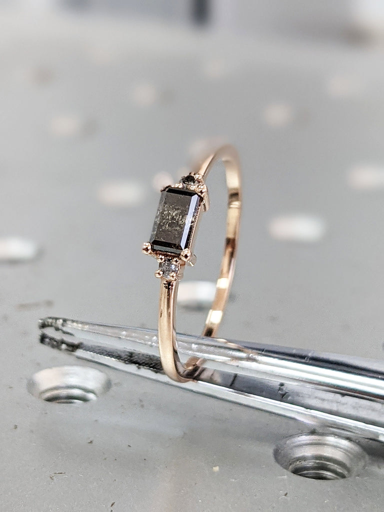 Emerald Baguette Raw Salt and Pepper Diamond Gold Engagement Ring Art Deco 1920's Inspired Thin Petite Band 14k Unique Ring for Her