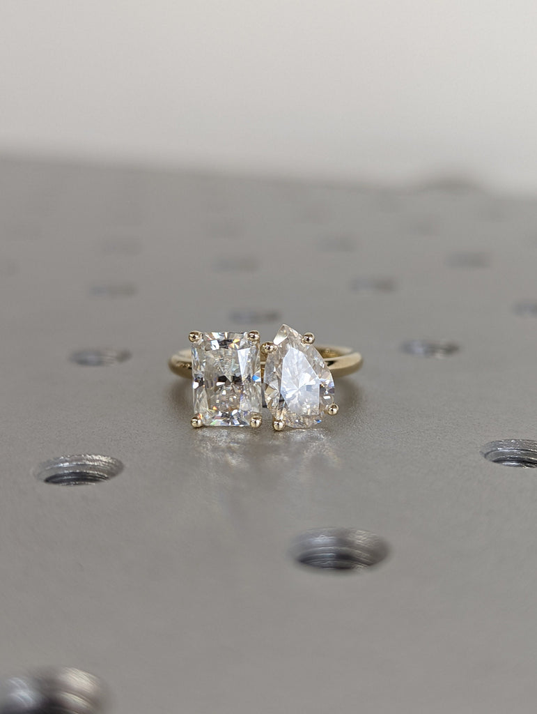 1.5 Carat Double Stone Engagement Ring Pear Cut and Radiant Cut Moissanite Two Stone Wedding Ring 14K White Yellow Rose Gold