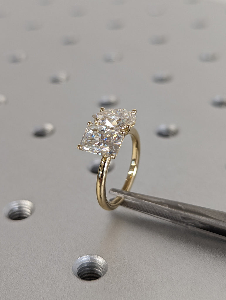 1.5 Carat Double Stone Engagement Ring Pear Cut and Radiant Cut Moissanite Two Stone Wedding Ring 14K White Yellow Rose Gold